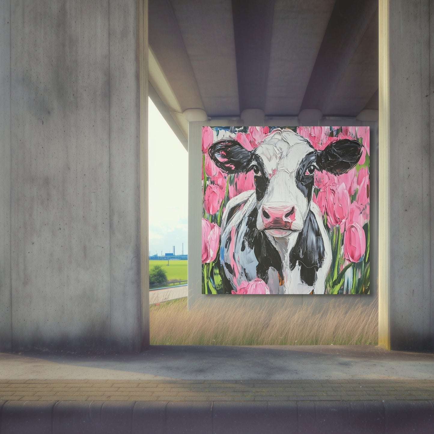 Dutch Cow in Pink Tulip Field - Dutch Art Icons by Wilma Mesman