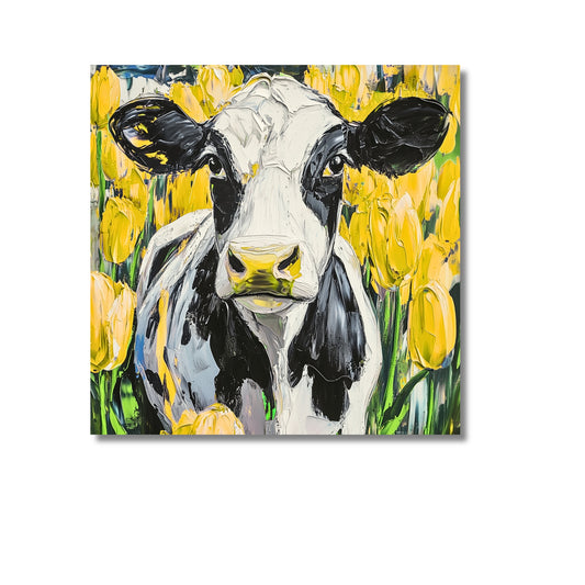 Dutch Cow in Yellow Tulip Field - Dutch Art Icons by Wilma Mesman