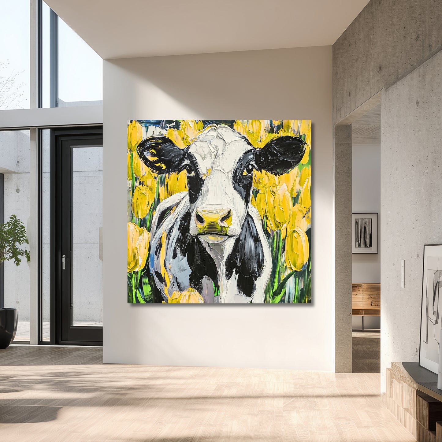 Dutch Cow in Yellow Tulip Field - Dutch Art Icons by Wilma Mesman