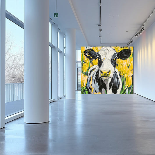 Dutch Cow in Yellow Tulip Field - Dutch Art Icons by Wilma Mesman
