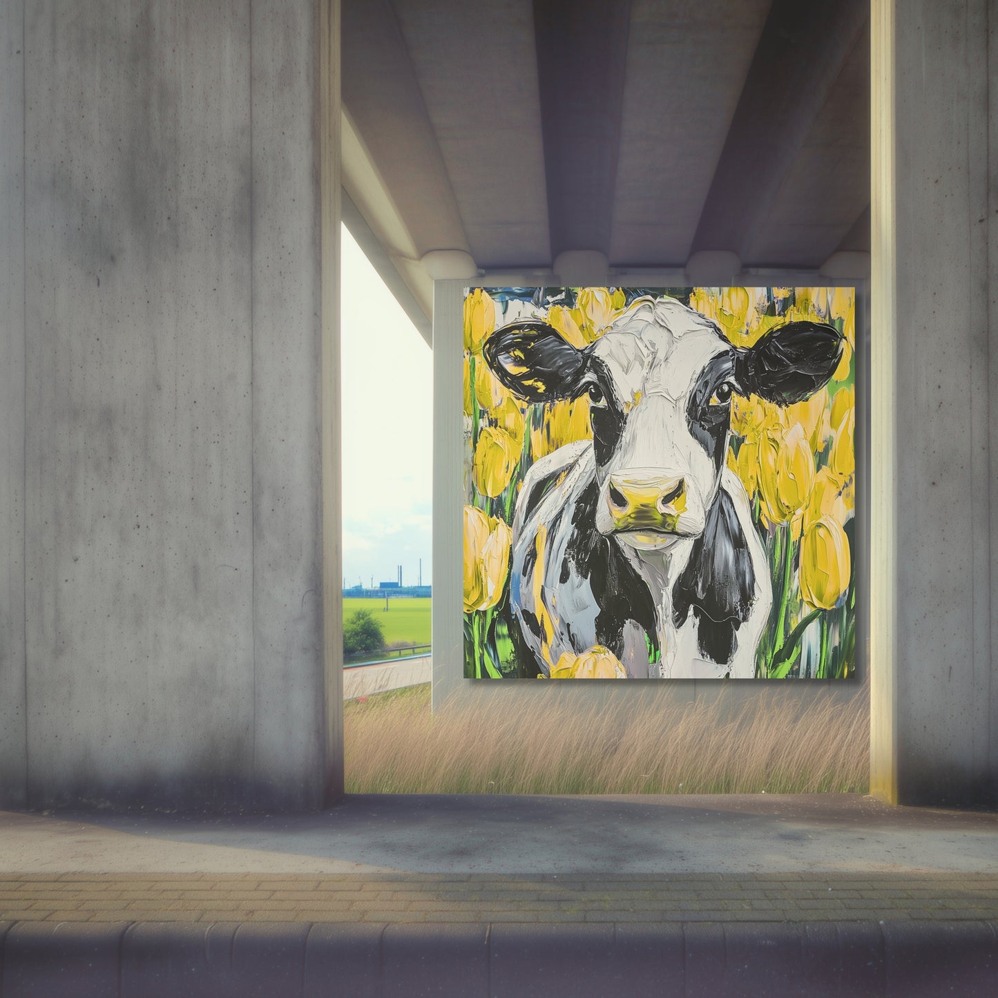 Dutch Cow in Yellow Tulip Field - Dutch Art Icons by Wilma Mesman