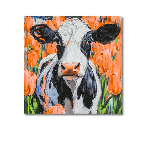 Dutch Cow in Orange Tulip Field - Dutch Art Icons by Wilma Mesman