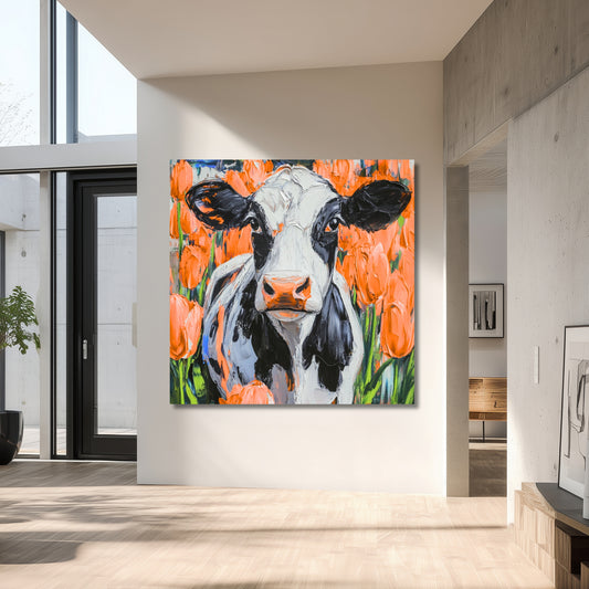 Dutch Cow in Orange Tulip Field - Dutch Art Icons by Wilma Mesman