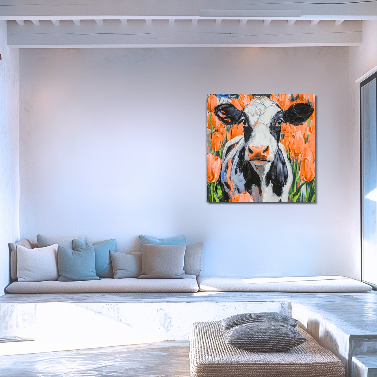 Dutch Cow in Orange Tulip Field - Dutch Art Icons by Wilma Mesman