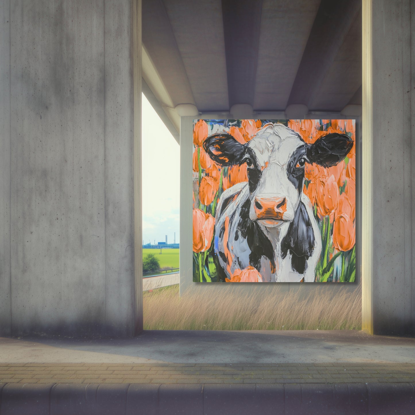Dutch Cow in Orange Tulip Field - Dutch Art Icons by Wilma Mesman