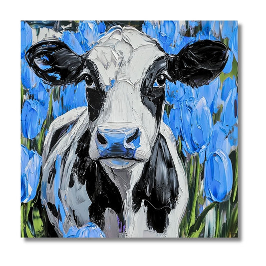 Dutch Cow in Blue Tulip Field