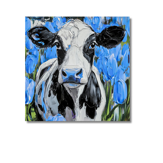 Dutch Cow in Blue Tulip Field - Dutch Art Icons by Wilma Mesman