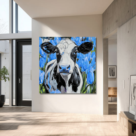 Dutch Cow in Blue Tulip Field - Dutch Art Icons by Wilma Mesman