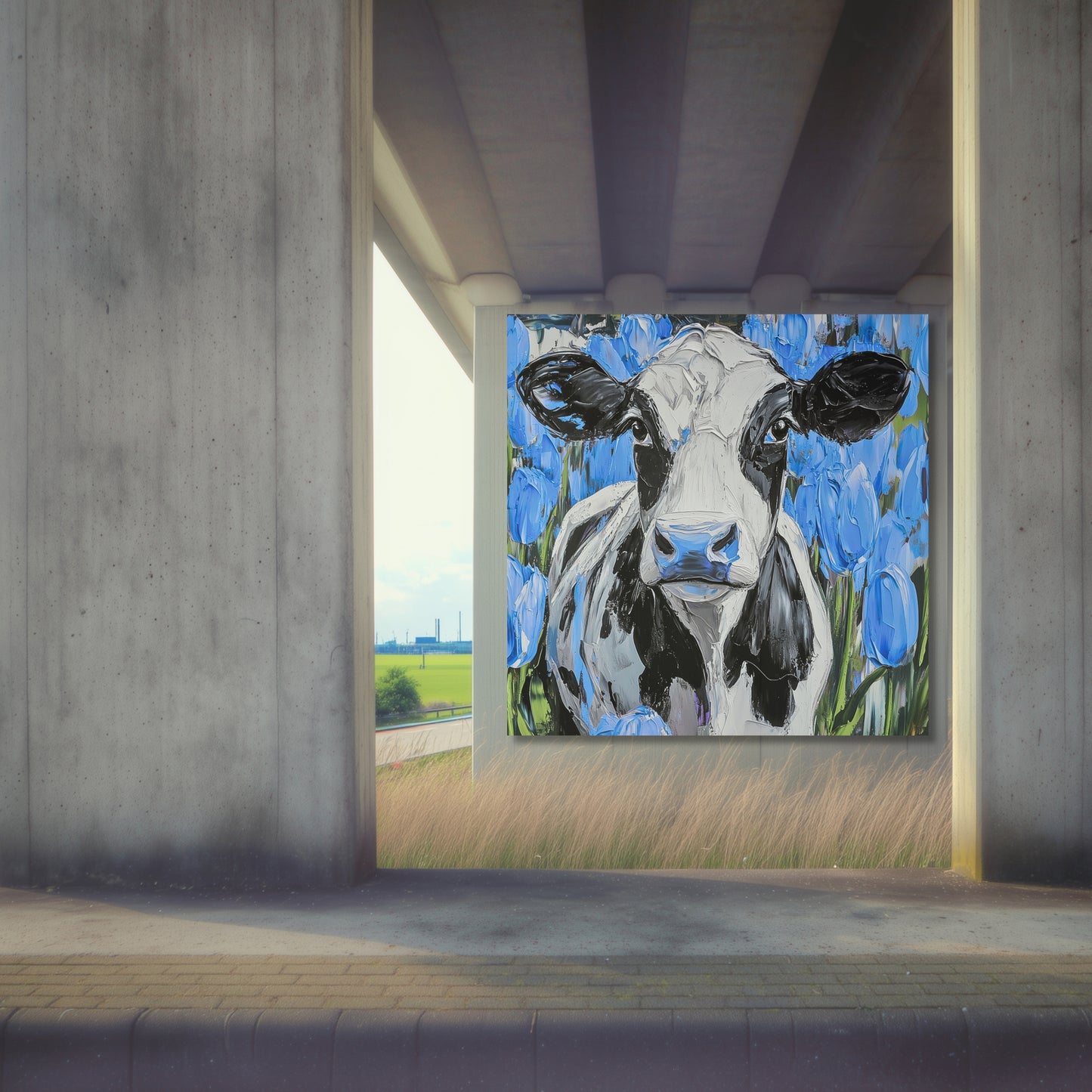 Dutch Cow in Blue Tulip Field - Dutch Art Icons by Wilma Mesman