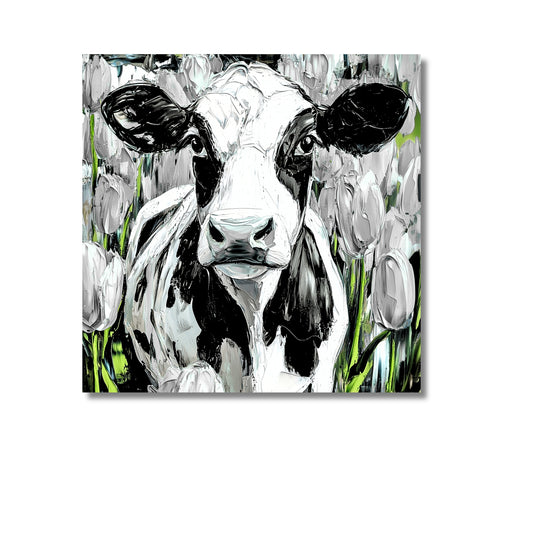 Dutch Cow in White Tulip Field - Dutch Art Icons by Wilma Mesman