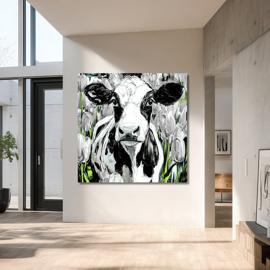 Dutch Cow in White Tulip Field - Dutch Art Icons by Wilma Mesman