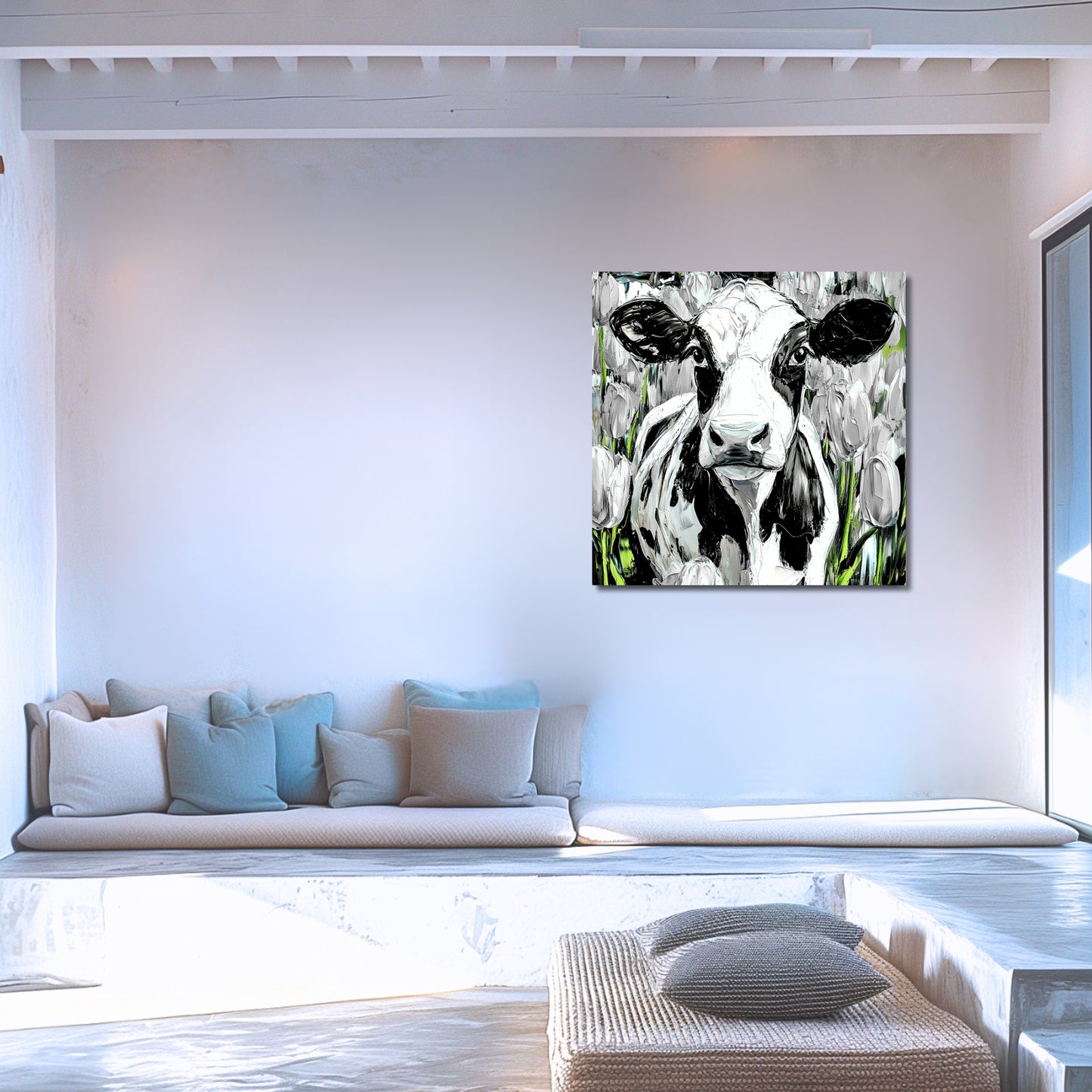 Dutch Cow in White Tulip Field - Dutch Art Icons by Wilma Mesman