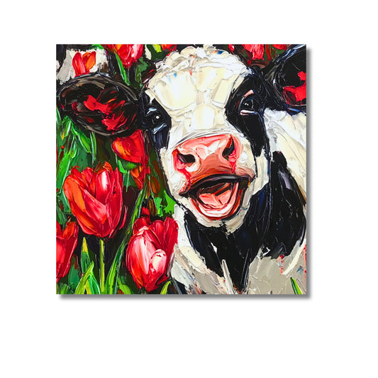Happy Dutch Cow in Red Tulip Field - Dutch Art Icons by Wilma Mesman