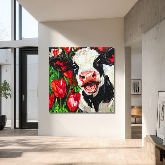 Happy Dutch Cow in Red Tulip Field - Dutch Art Icons by Wilma Mesman