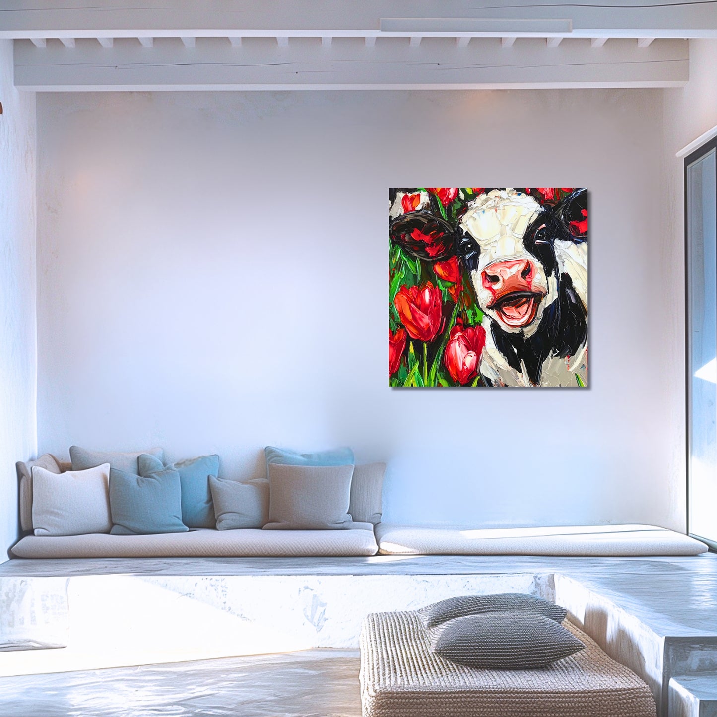 Happy Dutch Cow in Red Tulip Field - Dutch Art Icons by Wilma Mesman