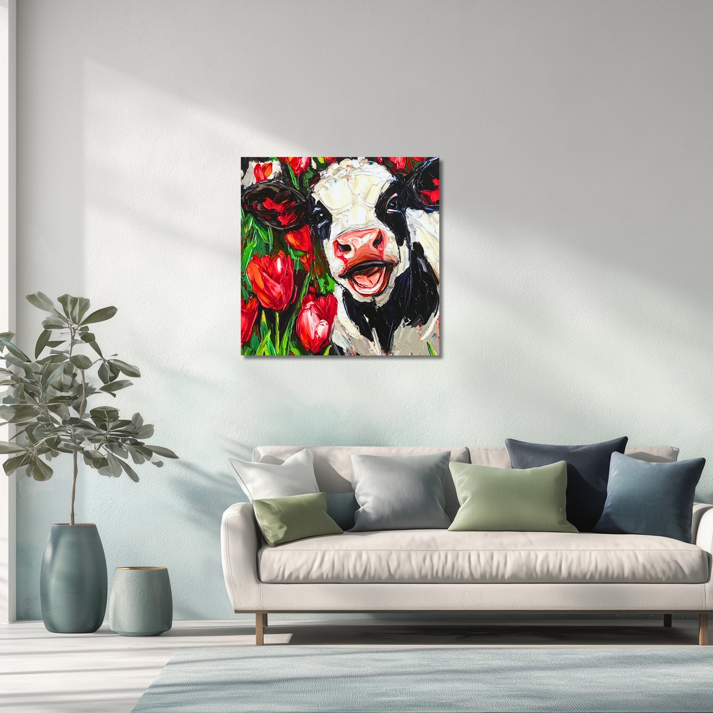 Happy Dutch Cow in Red Tulip Field - Dutch Art Icons by Wilma Mesman