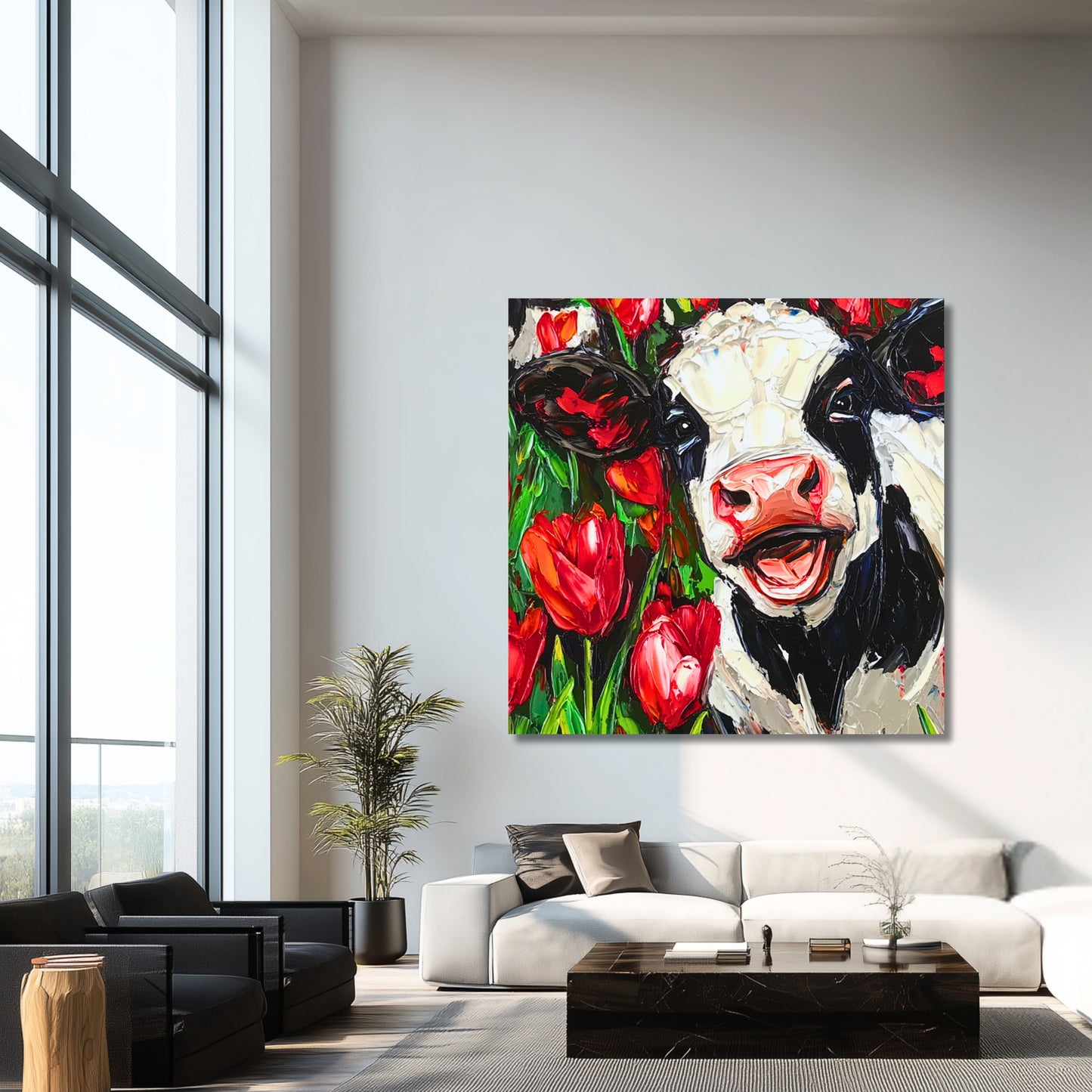 Happy Dutch Cow in Red Tulip Field - Dutch Art Icons by Wilma Mesman
