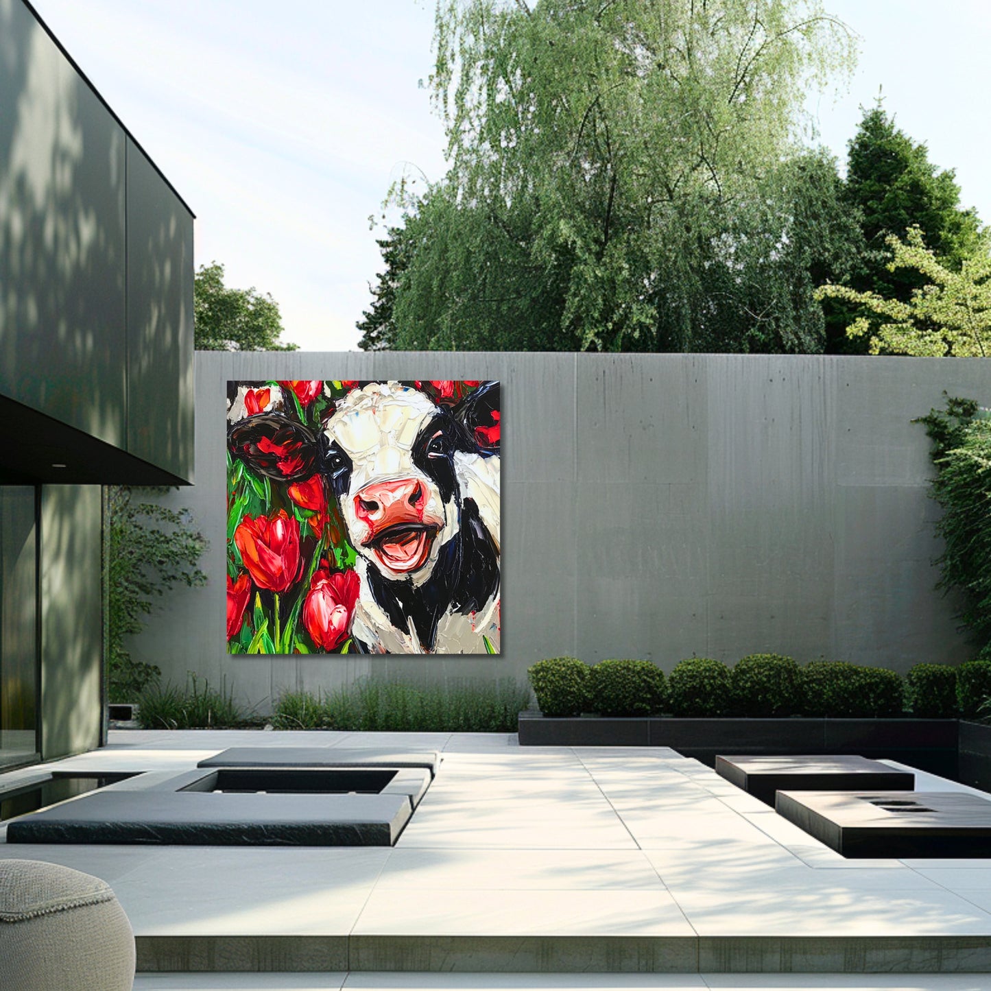 Happy Dutch Cow in Red Tulip Field - Dutch Art Icons by Wilma Mesman