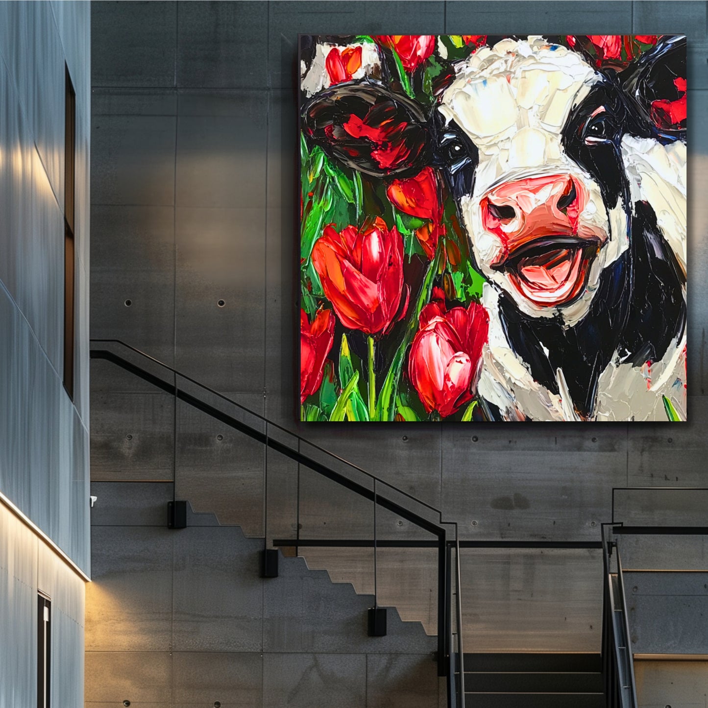 Happy Dutch Cow in Red Tulip Field - Dutch Art Icons by Wilma Mesman