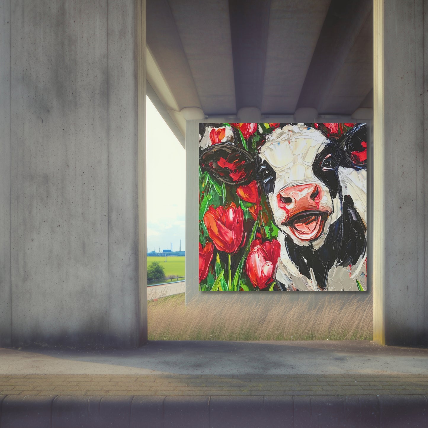 Happy Dutch Cow in Red Tulip Field - Dutch Art Icons by Wilma Mesman