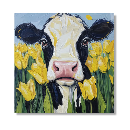 Cow and Yellow Tulips Dutch Art Icons by Wilma Mesman