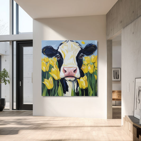 Cow and Yellow Tulips Dutch Art Icons by Wilma Mesman