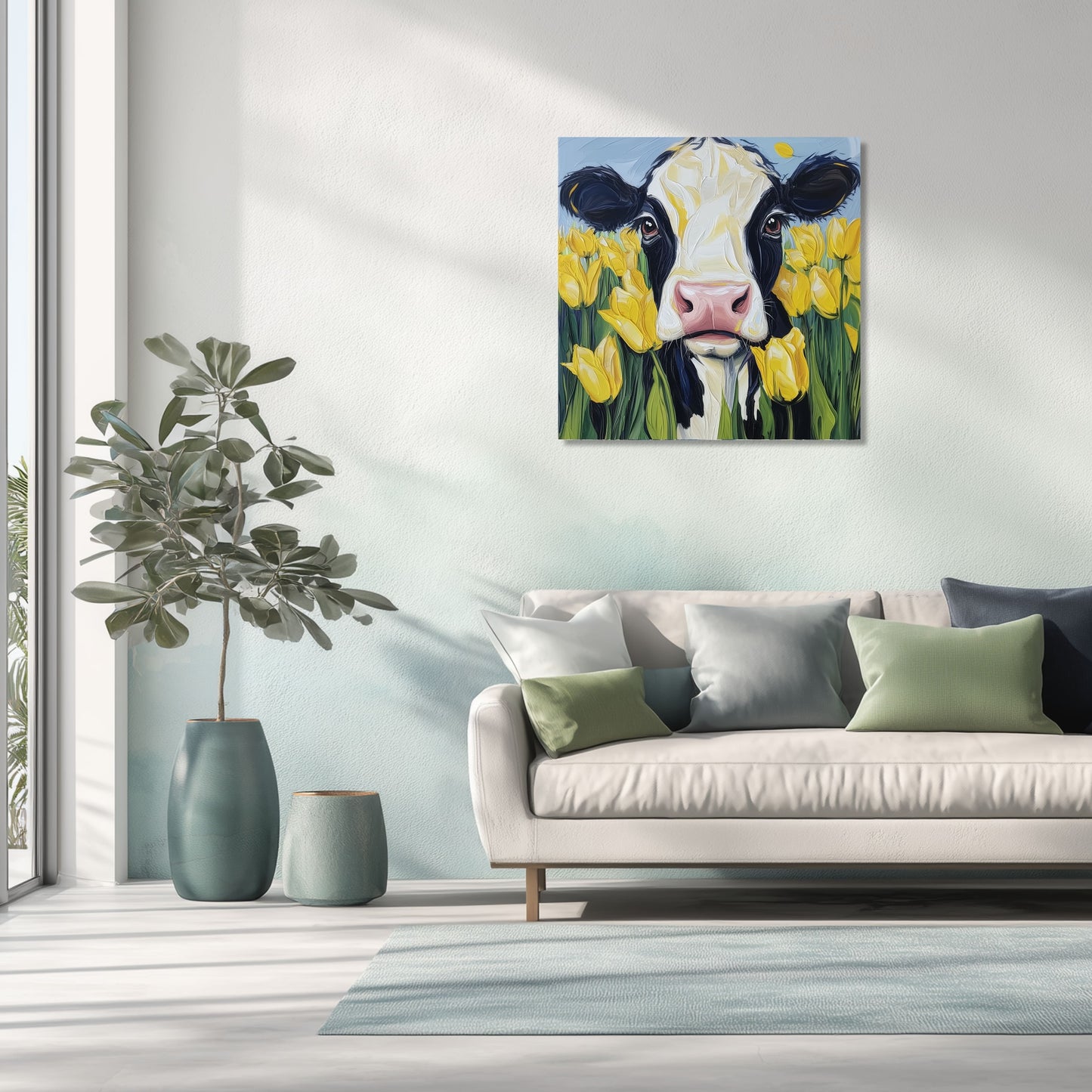 Cow and Yellow Tulips Dutch Art Icons by Wilma Mesman