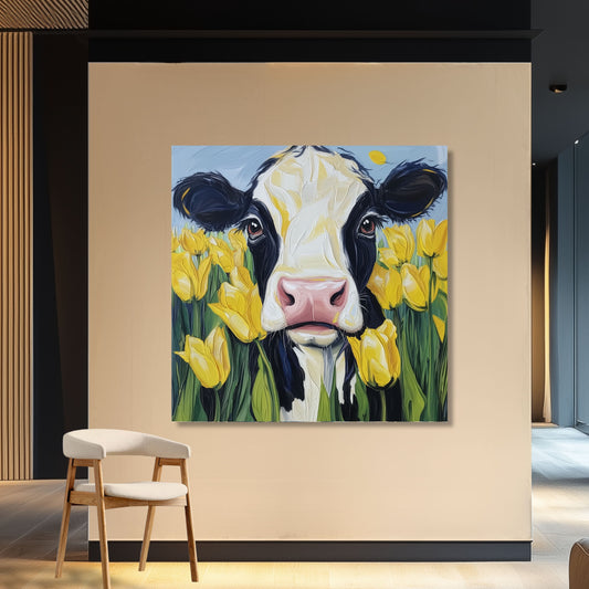 Cow and Yellow Tulips Dutch Art Icons by Wilma Mesman