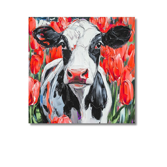 Dutch Cow in Red Tulip Field
