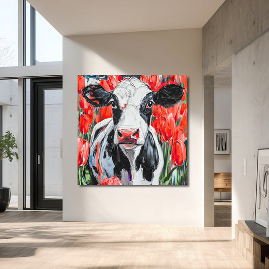 Dutch Cow in Red Tulip Field - Dutch Art Icons by Wilma Mesman