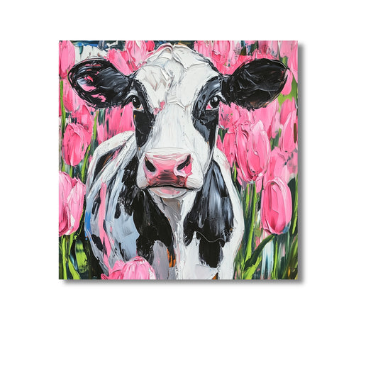Dutch Cow in Pink Tulip Field - Dutch Art Icons by Wilma Mesman