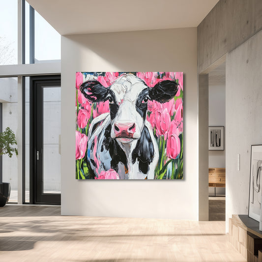 Dutch Cow in Pink Tulip Field - Dutch Art Icons by Wilma Mesman