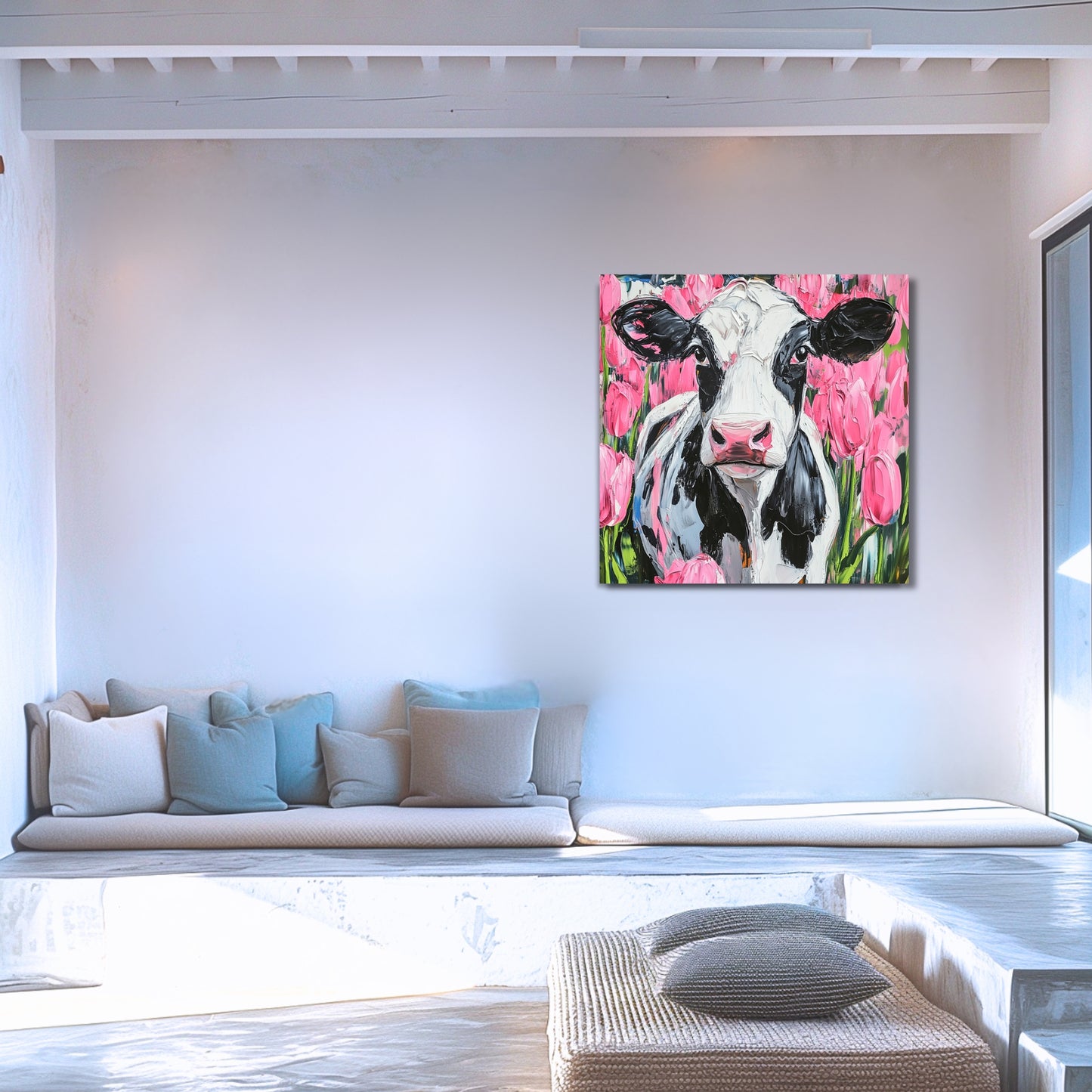 Dutch Cow in Pink Tulip Field - Dutch Art Icons by Wilma Mesman