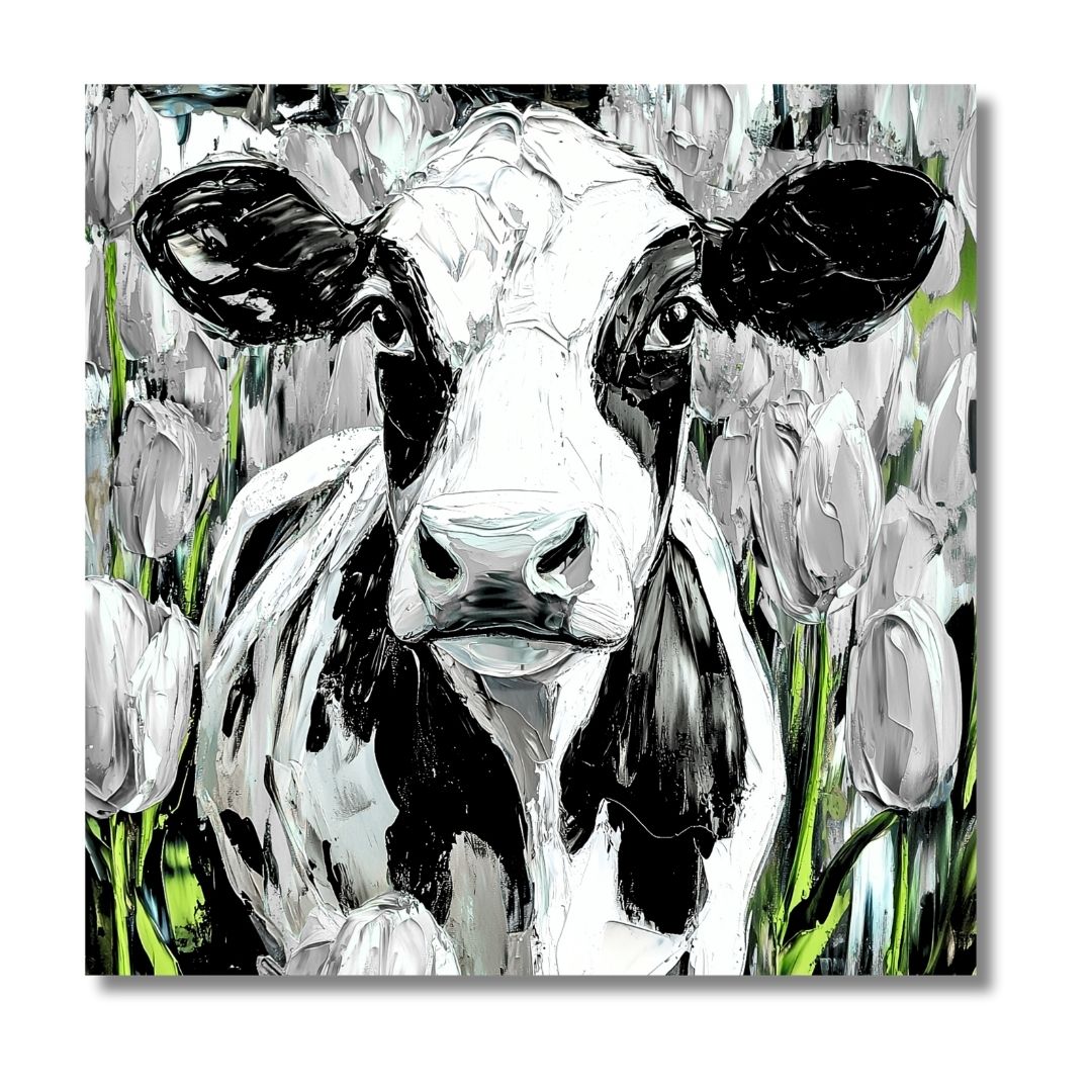 Dutch Cow in White Tulip Field