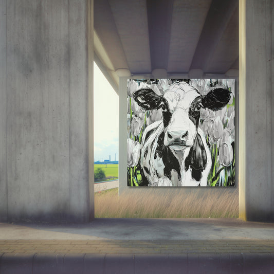 Dutch Cow in White Tulip Field - Dutch Art Icons by Wilma Mesman