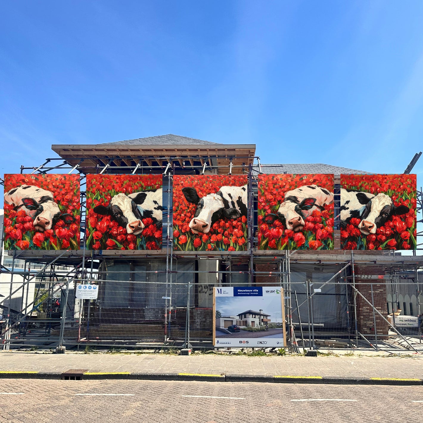 Happy Dutch Cow in Red Tulip Field - Dutch Art Icons by Wilma Mesman