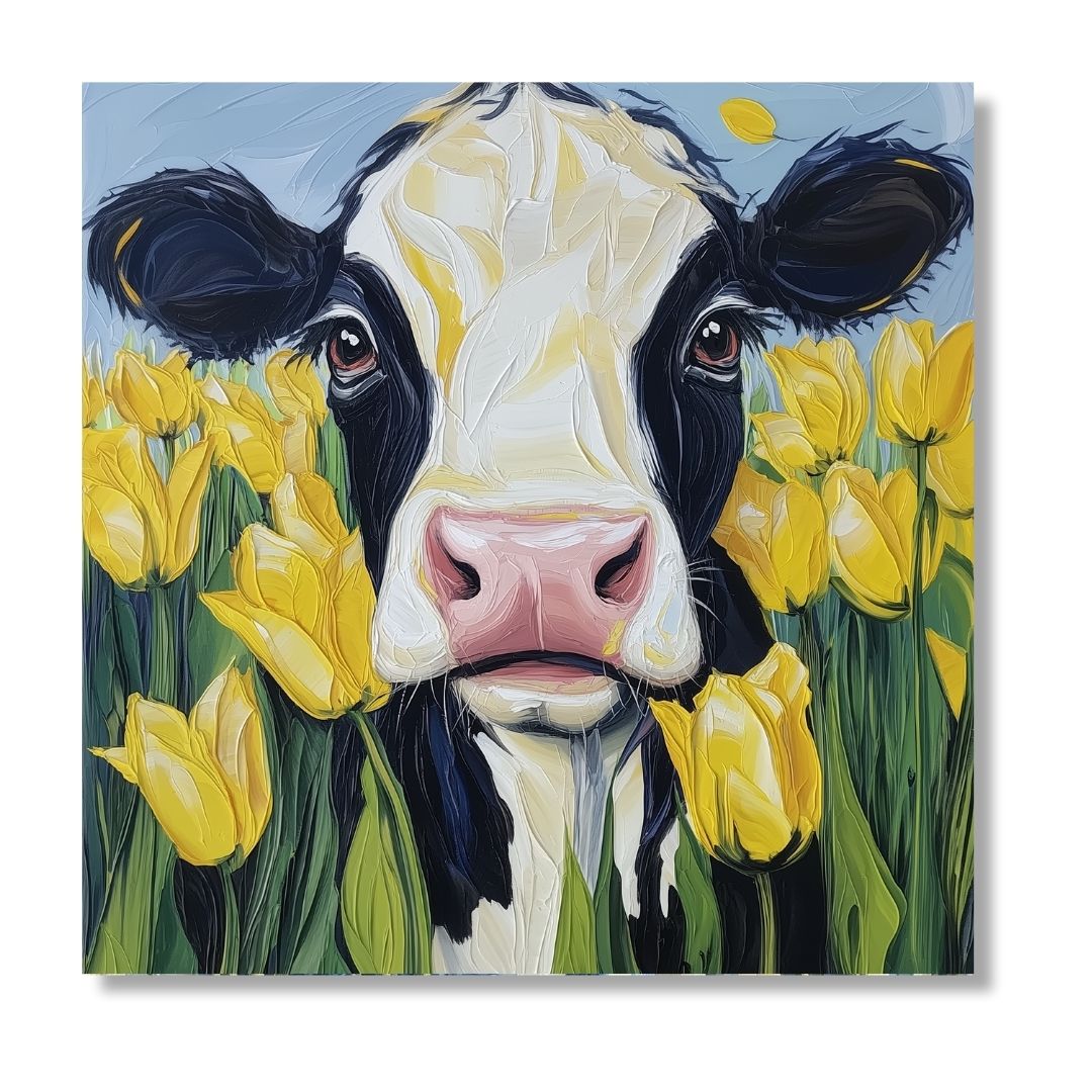 Cow and Yellow Tulips