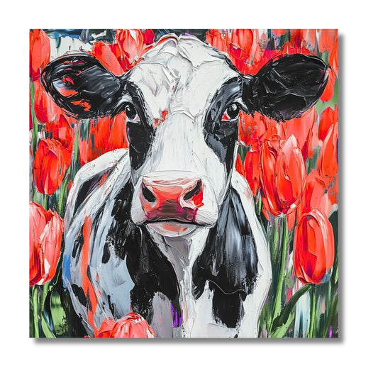 Dutch Cow in Red Tulip Field